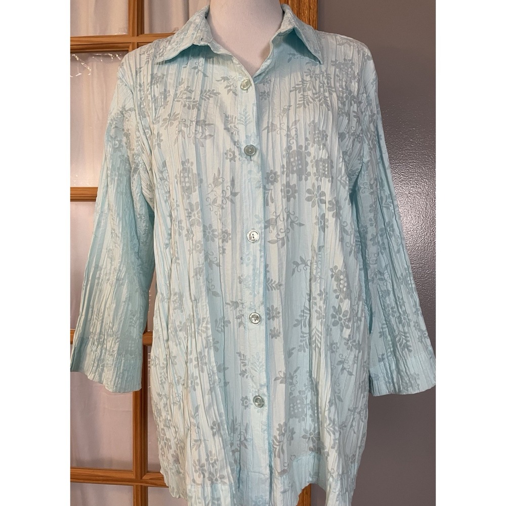 90s Sag Harbor Crinkled Floral Blouse Sz L Button Up Blue 3/4 Sleeve Casual
